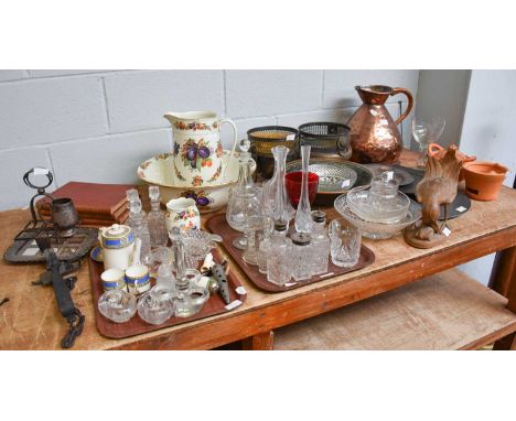 A Mixed Box of Ceramics Glass and Metalware, including a Victorian copper measuring jug, a gin trap, 18th century pewter plat