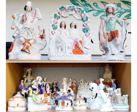 A Collection of Mainly Victorian Staffordshire Pottery Figures, including portrait figures, pastille burners and a porcelain 