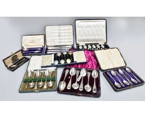 A Collection of George III and Later Cased Sets of Flatware, various patterns, some with enamel (qty)Provenance: Dutton Manor