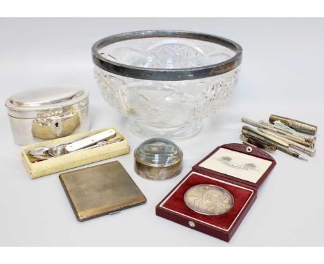 A Collection of Assorted Silver, Silver Plate and Objects of Vertu, the silver including a silver-mounted cut-glass bowl, 22.