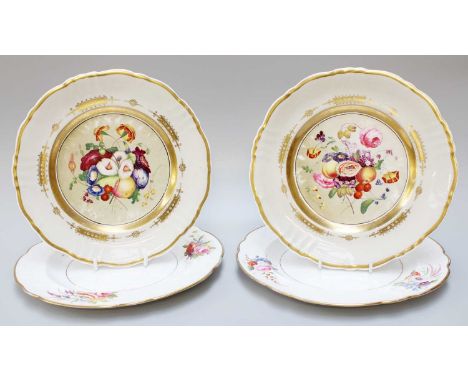 Pair of Spode Porcelain Plates, early 19th century, moulded and painted with flowers, painted marks, 24cm wide together with 