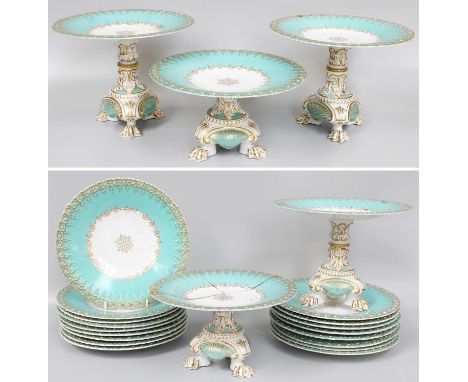 A Victorian Staffordshire Porcelain Turquoise Ground Dessert Service, comprising 5 comports raised on paw feet and 17 plates 