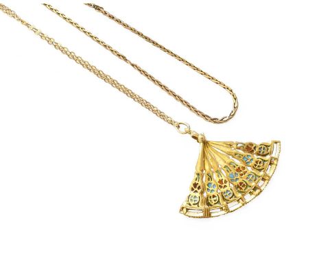 An Enamel Fan Motif Pendant on Chain, pendant length 4.0cm, chain length 44.5cm; and Another Chain, stamped '375', length 47c