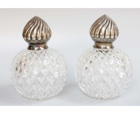 A Pair of Victorian Silver-Mounted Cut-Glass Scent-Bottles, by John Grinsell and Sons, Birmingham, 1888, globular, the glass 