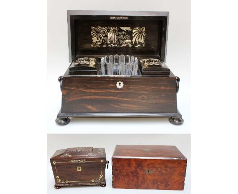 An Inlaid Burr Wood Work Box, with fitted interior; together with a Victorian coromandel fitted tea caddy and a mother of pea
