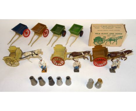 Britains 45F Milk Float with horse in original box (G, box F) with two others (G-F, one step missing), two Farm Carts, spoked