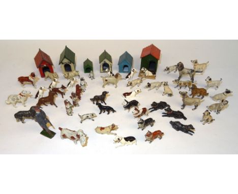 Dogs by various makers Britains four 637 begging (one tail missing), Heyde solidcast dogs, Charbens Gamekeeper and dog with g