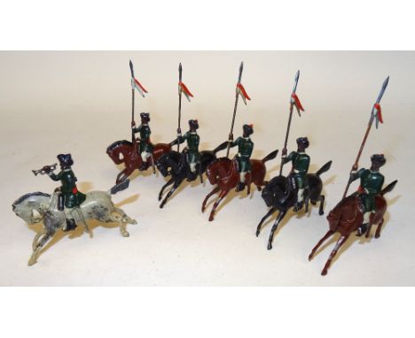 Britains set 66, 1st Bombay Lancers FIRST VERSION, later lance arms, with Trumpeter (G-F), with additional Trooper (G-F, one 