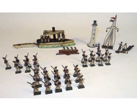 German made 30mm scale semi-flat Sailors with Steam Pinnace thirty marching at the slope, one with telescope (end missing), c