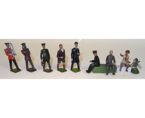 Britains Salvation Army two musicians (P, damaged), FIRST VERSION Chauffeur with lamp (F), Referee (G), 592 Curate (G-F), Mot