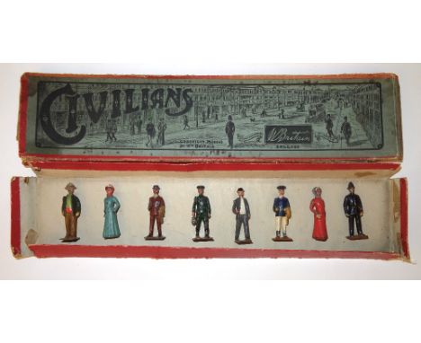 Britains set 168, Civilians one of each of the figures making up this set, including SECOND VERSION Chauffeur, square base, w