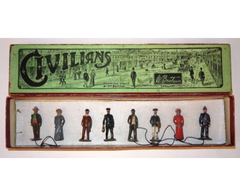 Britains set 168, Civilians one of each of the figures making up this set, including SECOND VERSION Chauffeur, square base, w