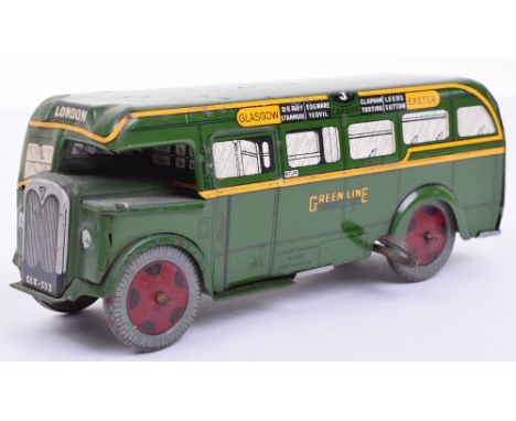 Wells-Brimtoy tinplate clockwork Green-Line bus Glasgow to Exeter, 1940s, lithographed in green with detailing, c/w mechanism