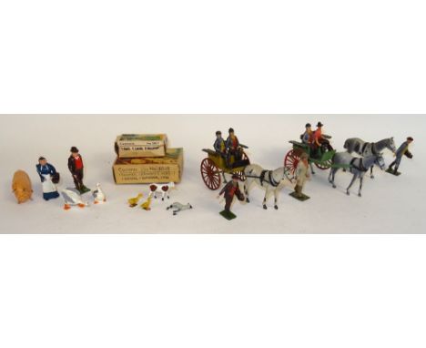 Britains set 20F, Farmers and Gigs FIRST AND SECOND VERSIONS (second version whip missing), additional horse (dented), Farmer
