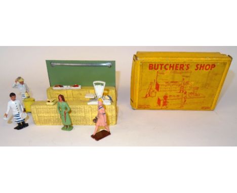 Crescent Butcher's Shop front and back wooden Counters with drawers, tinplate backplate and hanging rail, Butchers Block, two