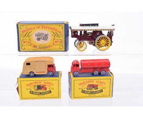 Two Boxed Matchbox Moko Lesney Models, 11b ERF Esso Tanker, red body, grey plastic wheels, 35a Horse Box, red cab, tan back, 