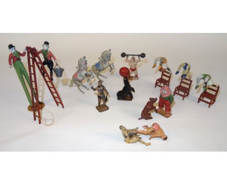 Charbens Circus Clown climbing ladder with bucket of water (ladder damaged), Stilt Clown, Laughing Clown, Performing Dog, Per