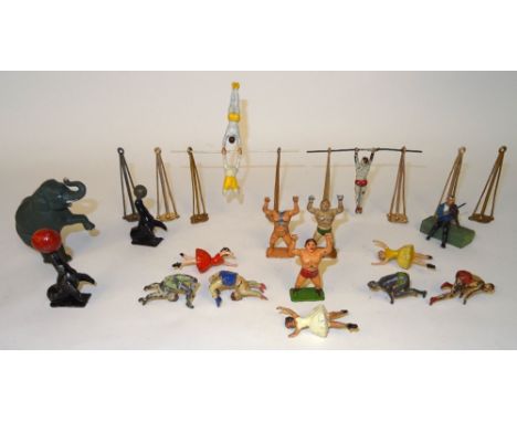 Charbens Circus Acrobats on high wires with supports, Elephant, Seals (one ball damaged), Equestriennes (one hand missing), S