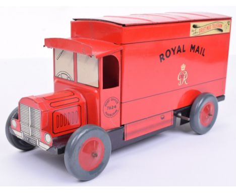 Rare Chad Valley clockwork tinplate Royal Mail van CV 1032, 1950-51, lithographed in red, with black lining, ‘ROYAL MAIL’ and