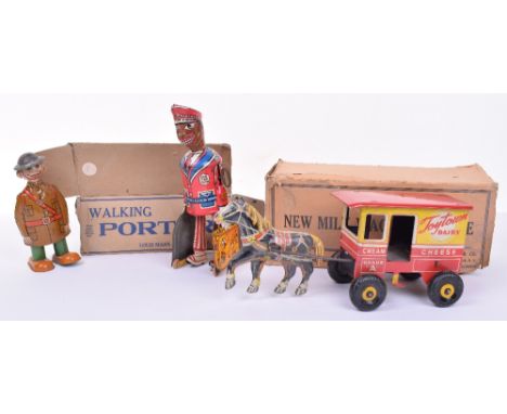 Marx (US) tinplate, clockwork Red Cap Porter, 1930s, black porter in red and blue uniform, carrying two suitcases with variou