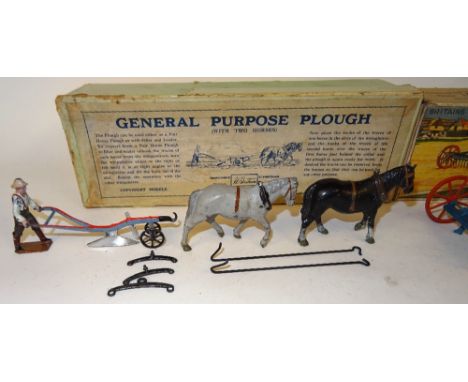 Britains Horsedrawn Farm Implements 6F Plough with horses and ploughman in original box (G, reproduction traces, box F-P), 8F