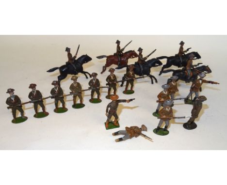 Britains set 38, South African Mounted Infantry three FIRST VERSION, fixed arm, and two Officers with pistols (G-F, repaired)