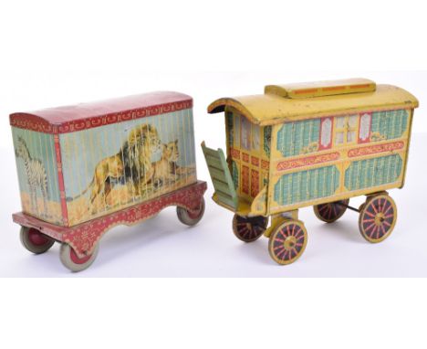 Two biscuit tins including Chad Valley Gypsy Caravan, circa 1937, caravan lithographed in yellows, reds and greens, with fold