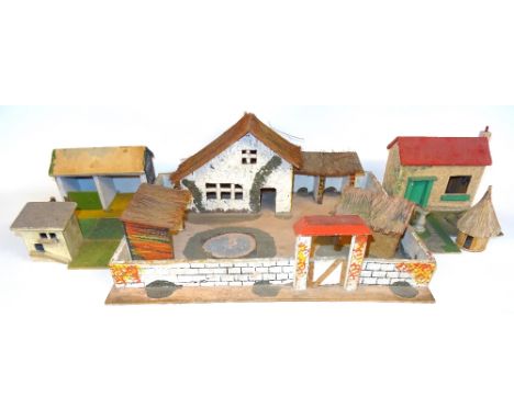 Farm Buildings a wood and straw constructed range of buildings on a base, with additional two Cottages, three Cowsheds, Barn,