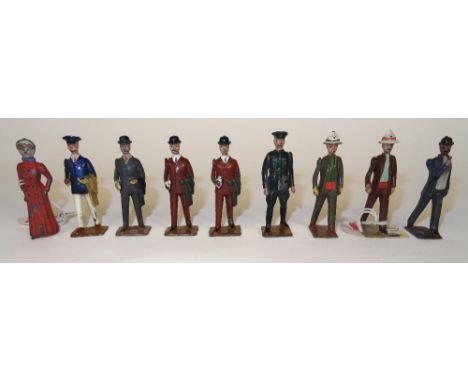 Britains from set 168, Civilians including THIRD VERSION Chauffeur without lamp (G-F, chauffeur dented, one man with stetson 