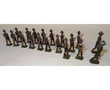 Britains Boy Scouts from set 161 with two FIRST VERSION Scoutmasters and three Patrol Leaders (G-F, one arm missing, one legs