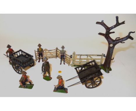 Britains Boy Scouts from set 181 two Trek Carts with one to push, Scoutmaster, FIRST VERSION (hat dented, some retouching), t