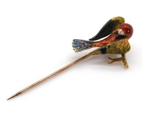 A Victorian polychrome enamel stick pin,with a guilloche parrot looking back at its tail feathers, enamel over an etched feat