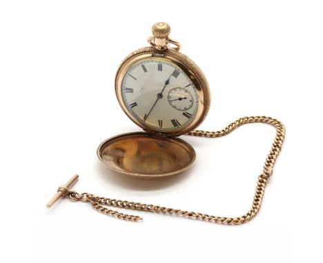 A base metal full hunter pocket watch with the section of a 9ct gold Albert chain,50mm diameter, with machine engraved engine