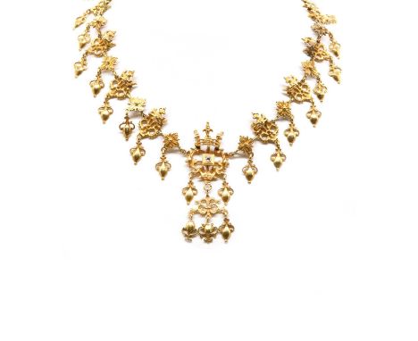 An antique diamond set fringe necklace, possibly German, c.17th century,with a girandole style centrepiece. A table cut diamo