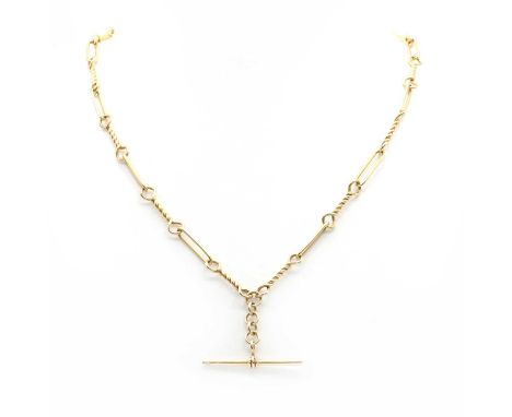 A fetter and twisted wire link double Albert watch chain or necklace,with a 'T' bar and bolt ring to one end. Marked 585, 14K