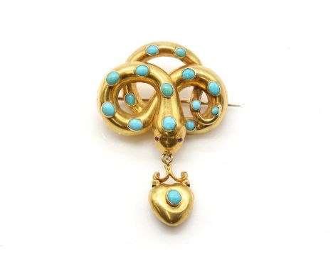 A Victorian ruby and turquoise set snake or serpent knot style brooch,the coiled snake with cabochon ruby eyes, rub set with 