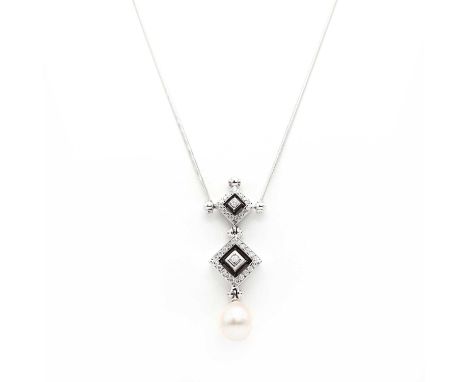 A Greek cultured South Sea pearl and diamond pendant, by Mapamenos Natepas,on a chain by Korifidis. Two graduated diamond set