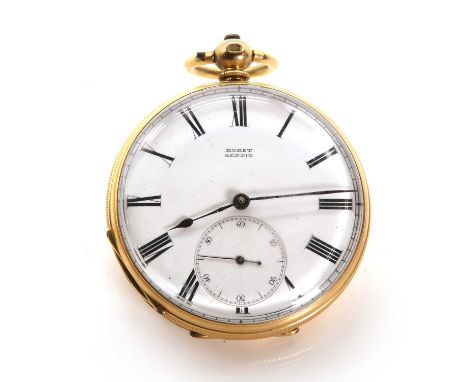 A key wound open faced pocket watch, 45mm diameter with a white enamel dial, black Roman numerals, blued spade hands and subs