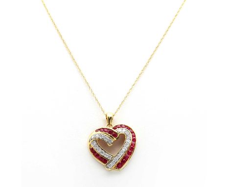 A Continental diamond and ruby heart shaped pendant,suspended on an 18ct gold Prince of Wales chain. A two row ribbon style h