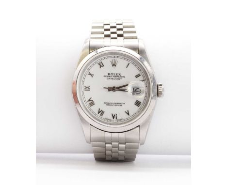 A gentlemen's stainless steel Rolex Oyster Perpetual Datejust mechanical bracelet watch,34mm diameter, a white enamel dial, s