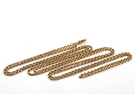 A gold oval belcher link guard chain,810mm long, to swivel clasp. Tested as approximately 9ct gold, 33.43gCondition ReportMin
