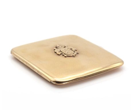A 9ct gold cushion shaped cigarette case, by Walker &amp; Hall,with engine turned decoration and applied coat of arms to the 