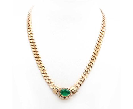 A 9ct gold emerald and diamond necklace,with an oval mixed cut emerald, rub set to a plain collet, with a border of brilliant