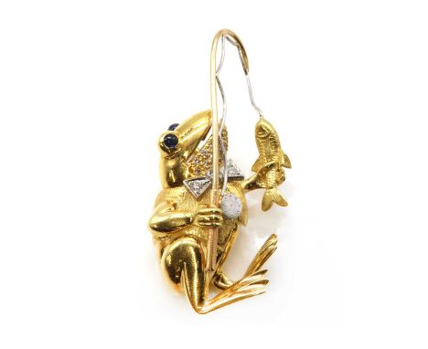 An 18ct three colour gold sapphire and diamond frog with a fishing line pendant, by E Wolfe &amp; Co. c.1990,the frog standin