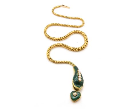 A Victorian cased gold enamel and split pearl snake or serpent necklace,the serpent's head set with a row of graduated split 