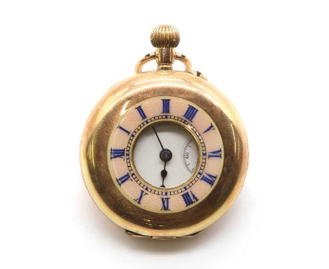 A ladies' half hunter fob watch, 33mm diameter, with a pink guilloche enamel chapter ring, with royal blue Roman numerals to 