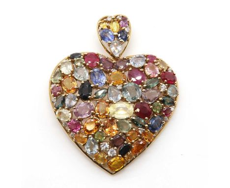 A 9ct gold vari-coloured sapphire and diamond set heart pendant,with a matching bale. Graduated oval mixed cut, pear cut, cir