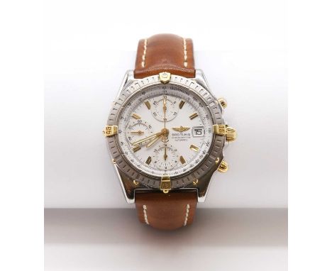 A gentlemen's bi-colour Breitling Chronograph automatic strap watch,with a 39mm case. A white dial with raised gilt batons an