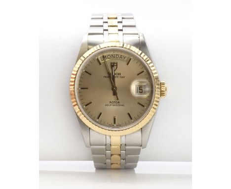 A gentlemen's bi-colour Tudor “Prince Date and Day” bracelet watch, c.2002, model No. 76213, with a 36mm case. A champagne di