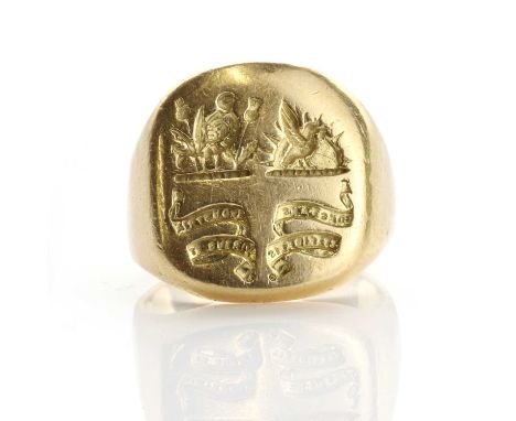 A gentlemen's cushion shaped signet ring, by S J Rose,with two intaglio crests and mottos 'Constans et Fidelis' and 'Industri